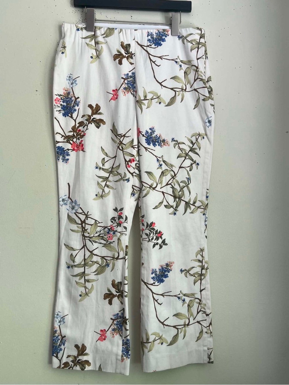 Zara White Wide-Leg Pants with Blue, Green & Pink Floral Branch Print